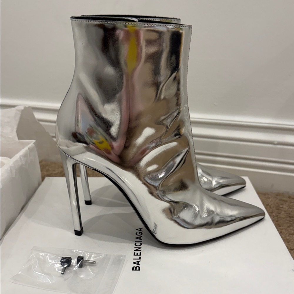 Balenciaga Silver Metallic Ankle Boots Heels Size 37 – Authentic